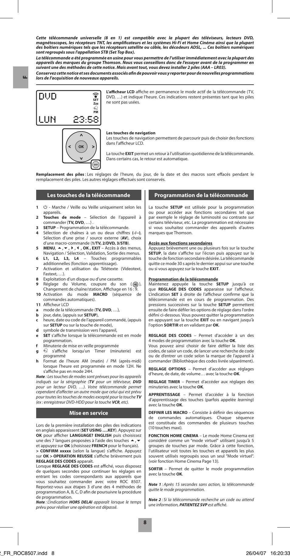 Les touches de la télécommande, Mise en service, Programmation de la télécommande | Hama ROC8507 User Manual | Page 11 / 48