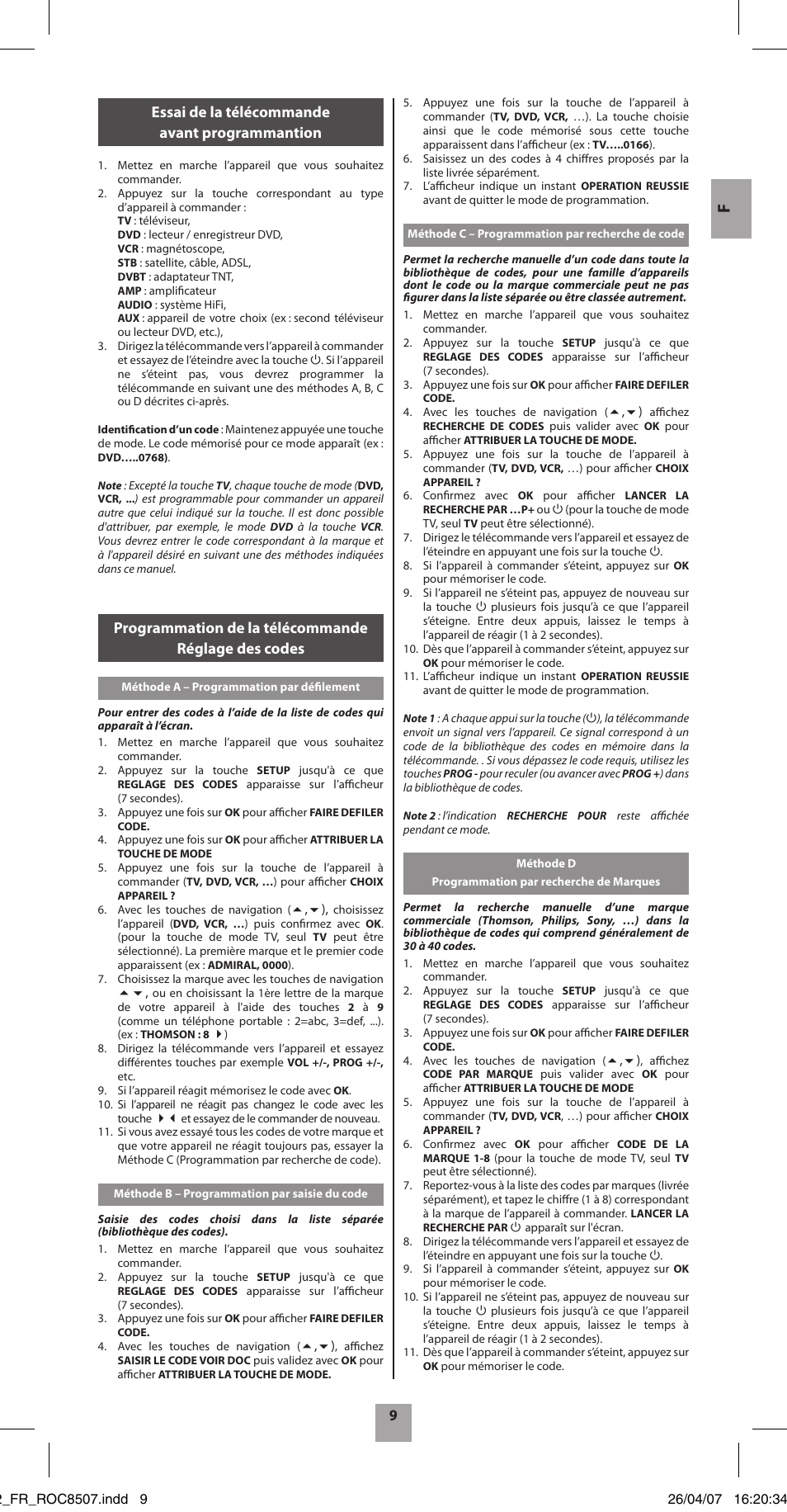 Essai de la télécommande avant programmantion | Hama ROC8507 User Manual | Page 12 / 48