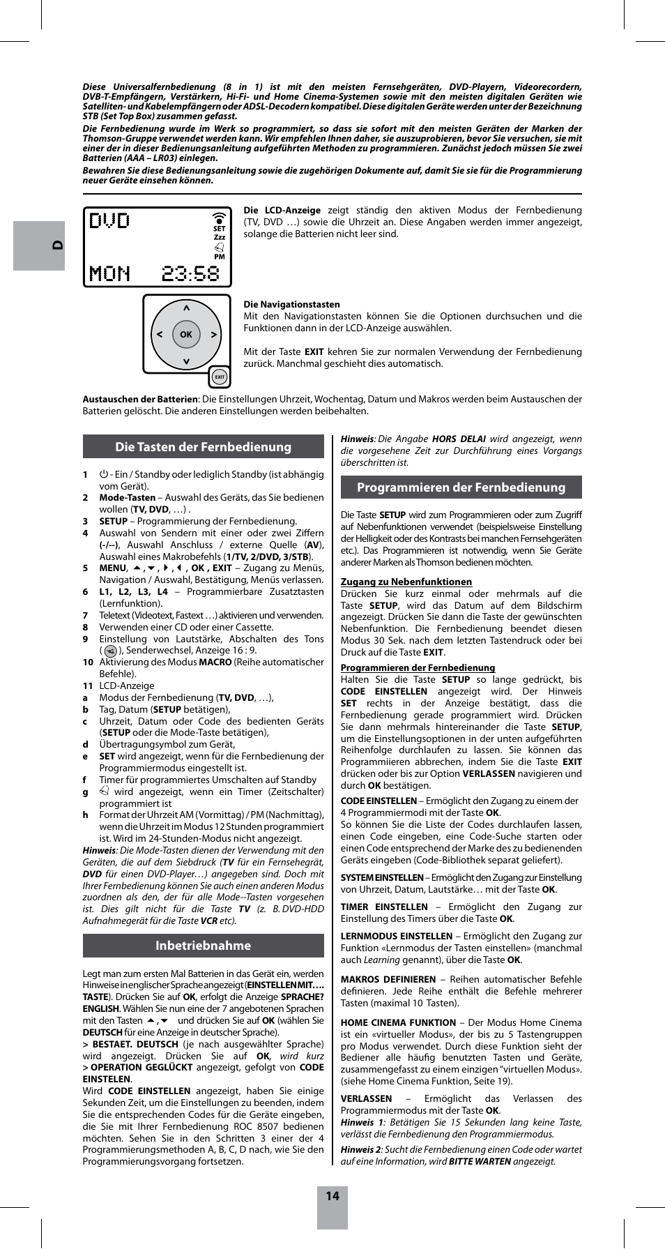 Die tasten der fernbedienung, Inbetriebnahme, Programmieren der fernbedienung | Hama ROC8507 User Manual | Page 17 / 48