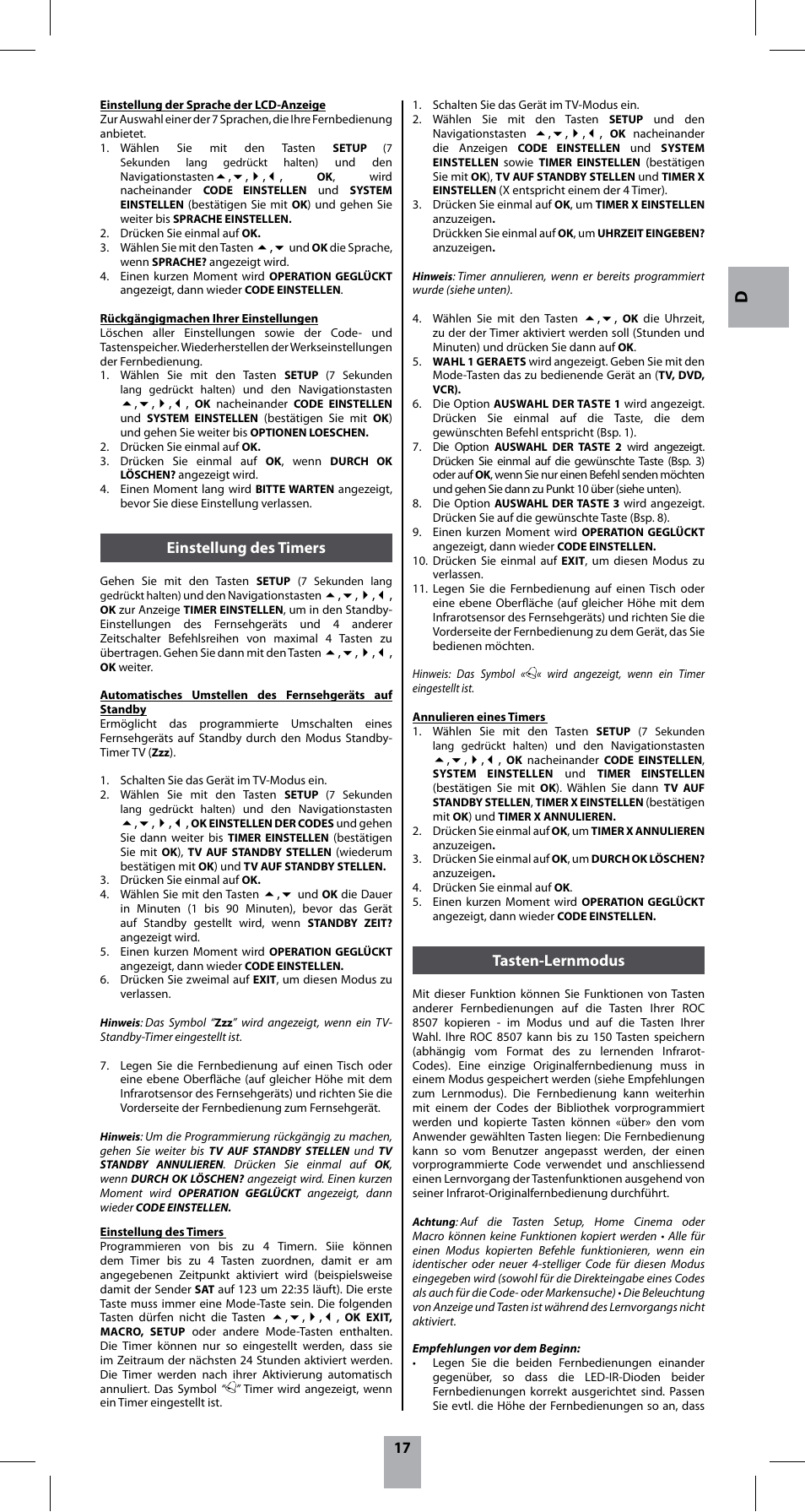 Tasten-lernmodus, Einstellung des timers | Hama ROC8507 User Manual | Page 20 / 48