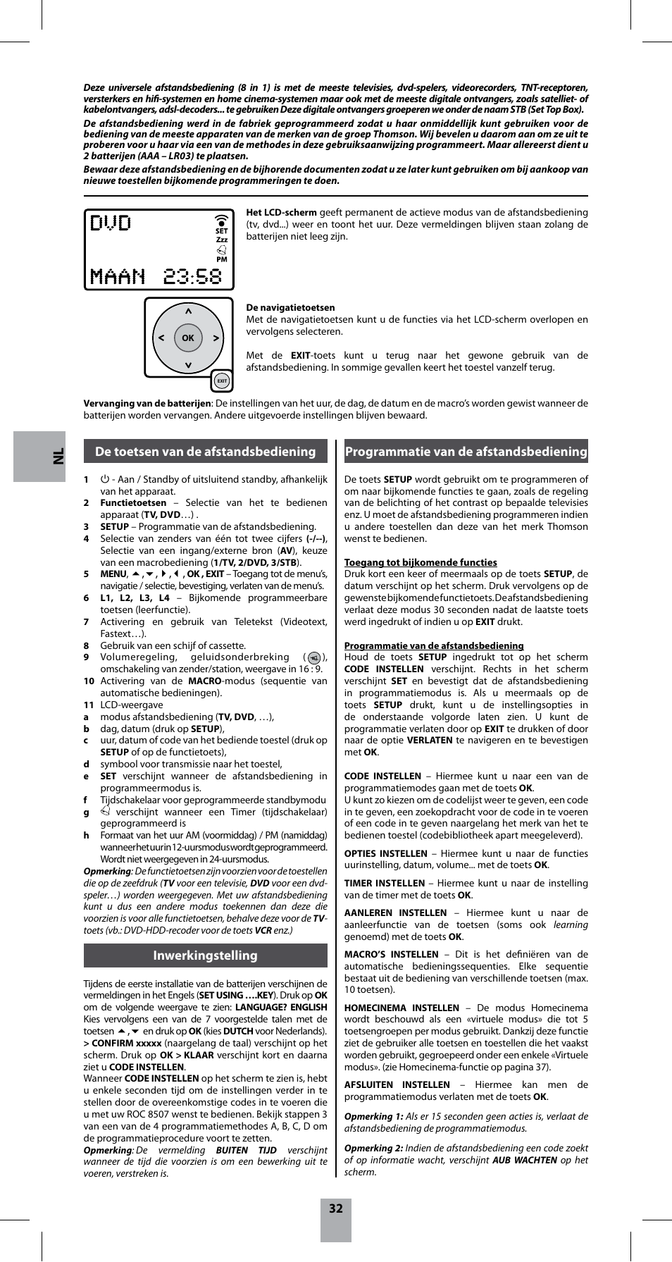 De toetsen van de afstandsbediening, Inwerkingstelling, Programmatie van de afstandsbediening | Hama ROC8507 User Manual | Page 35 / 48