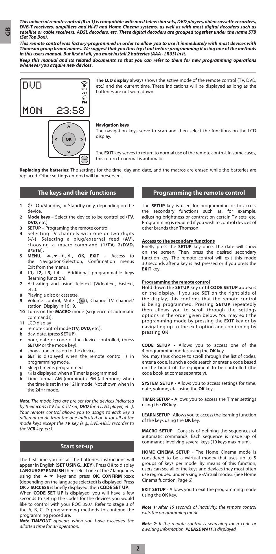 The keys and their functions, Start set-up, Programming the remote control | Hama ROC8507 User Manual | Page 5 / 48