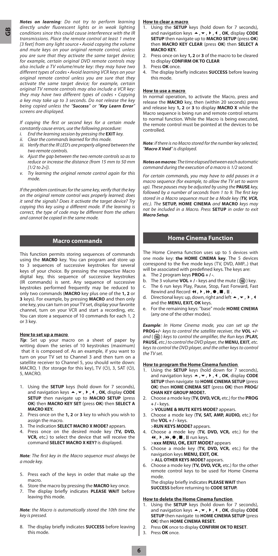 Macro commands, Home cinema function | Hama ROC8507 User Manual | Page 9 / 48