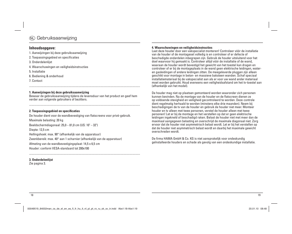 O gebruiksaanwijzing | Hama Basic Wall bracket User Manual | Page 10 / 29
