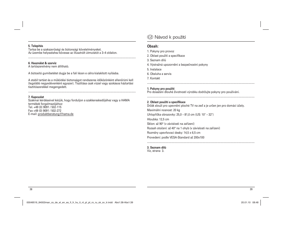 C návod k použití | Hama Basic Wall bracket User Manual | Page 20 / 29