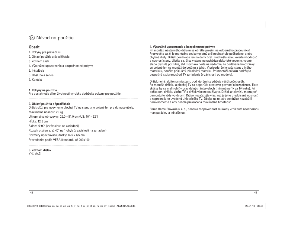 V návod na použitie | Hama Basic Wall bracket User Manual | Page 22 / 29