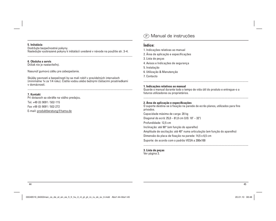 P manual de instruções | Hama Basic Wall bracket User Manual | Page 23 / 29