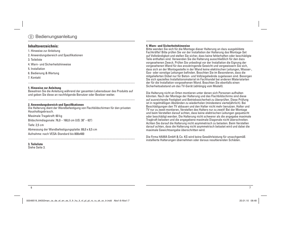 D bedienungsanleitung | Hama Basic Wall bracket User Manual | Page 4 / 29