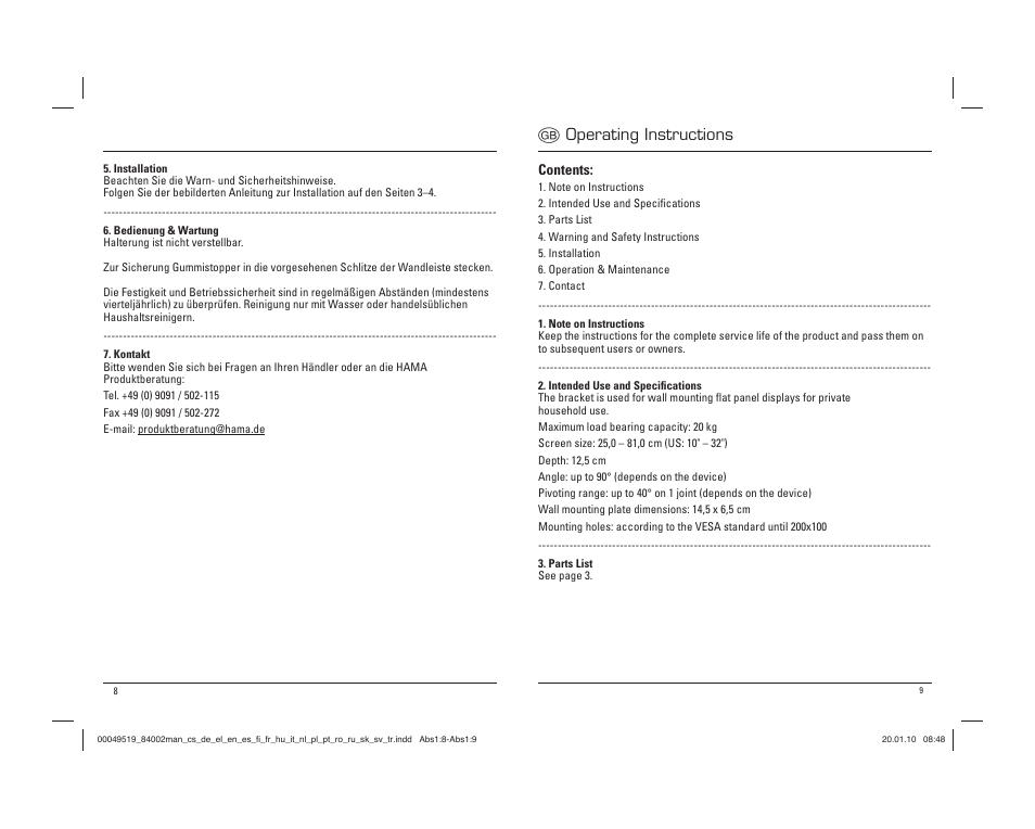 G operating instructions | Hama Basic Wall bracket User Manual | Page 5 / 29