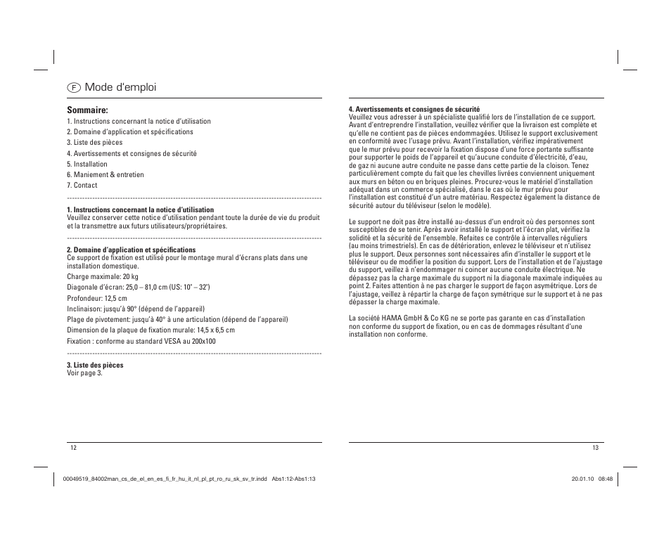 F mode d‘emploi | Hama Basic Wall bracket User Manual | Page 7 / 29
