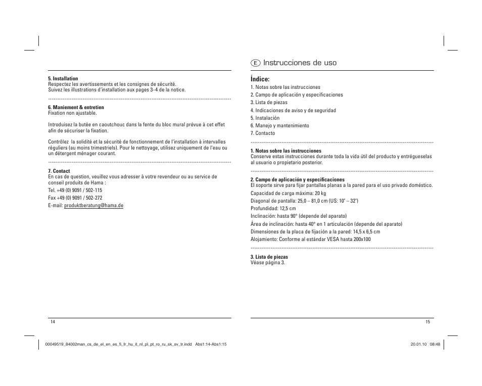 E instrucciones de uso | Hama Basic Wall bracket User Manual | Page 8 / 29