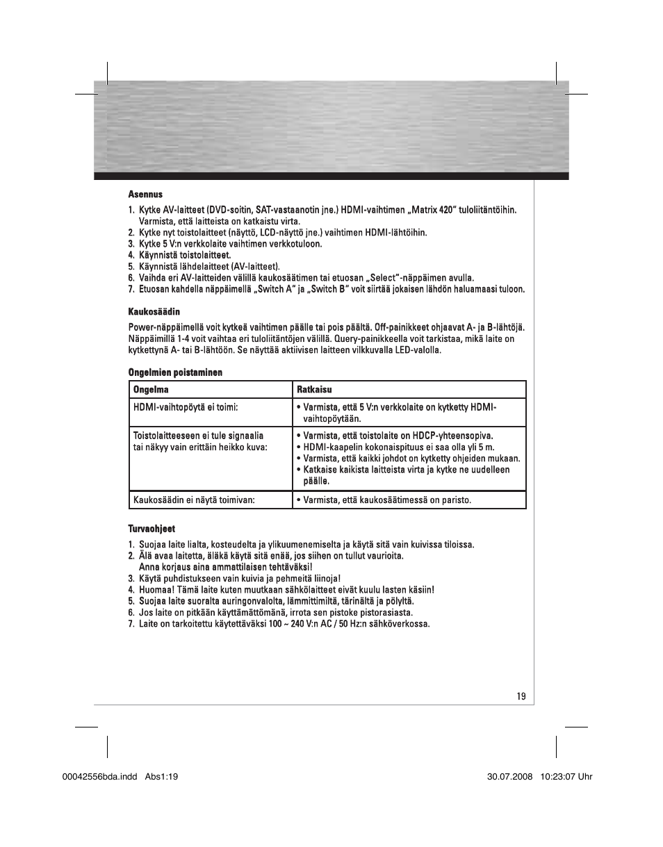 Hama HDMI Matrix Switcher 4x2 User Manual | Page 20 / 36