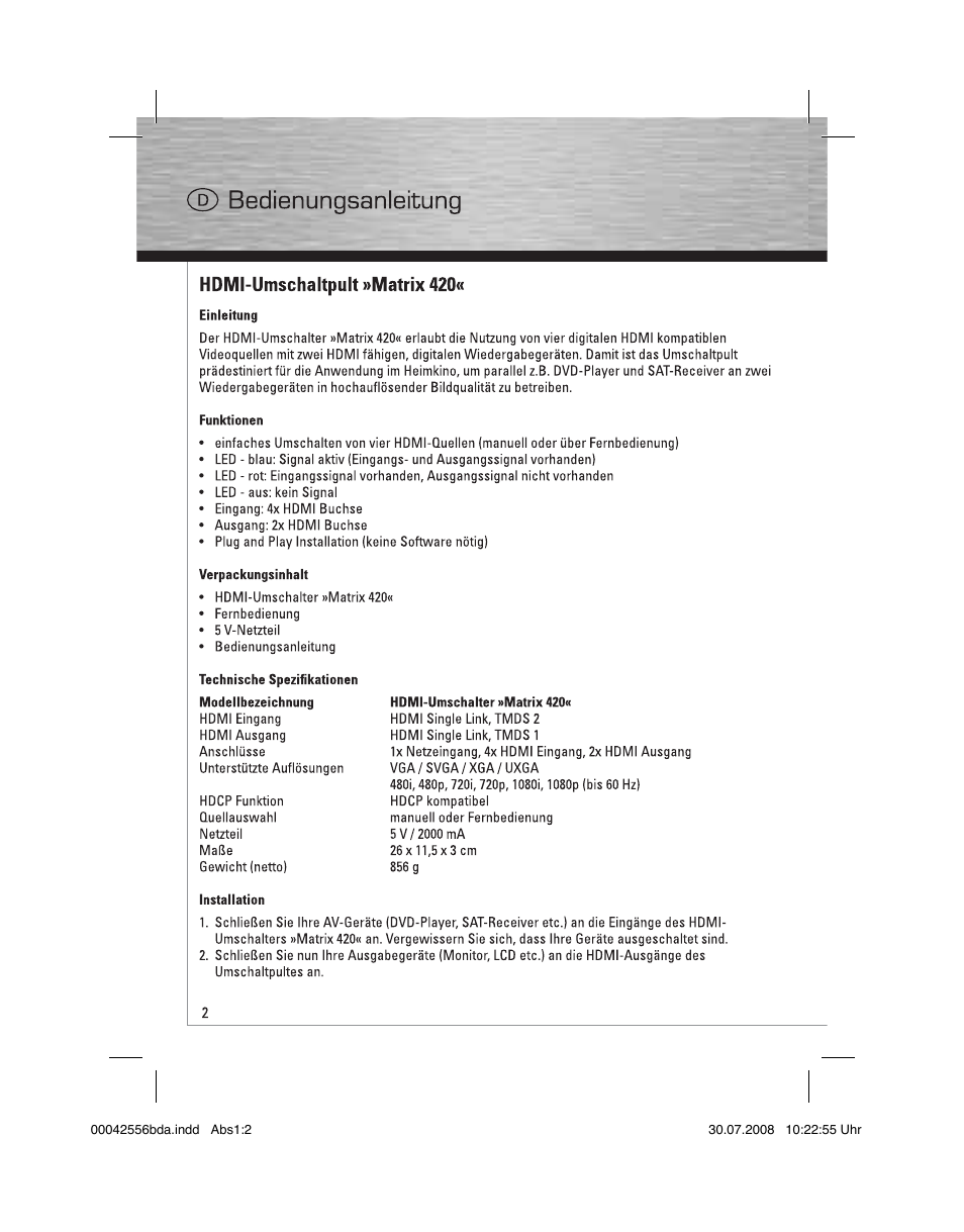 Hama HDMI Matrix Switcher 4x2 User Manual | Page 3 / 36