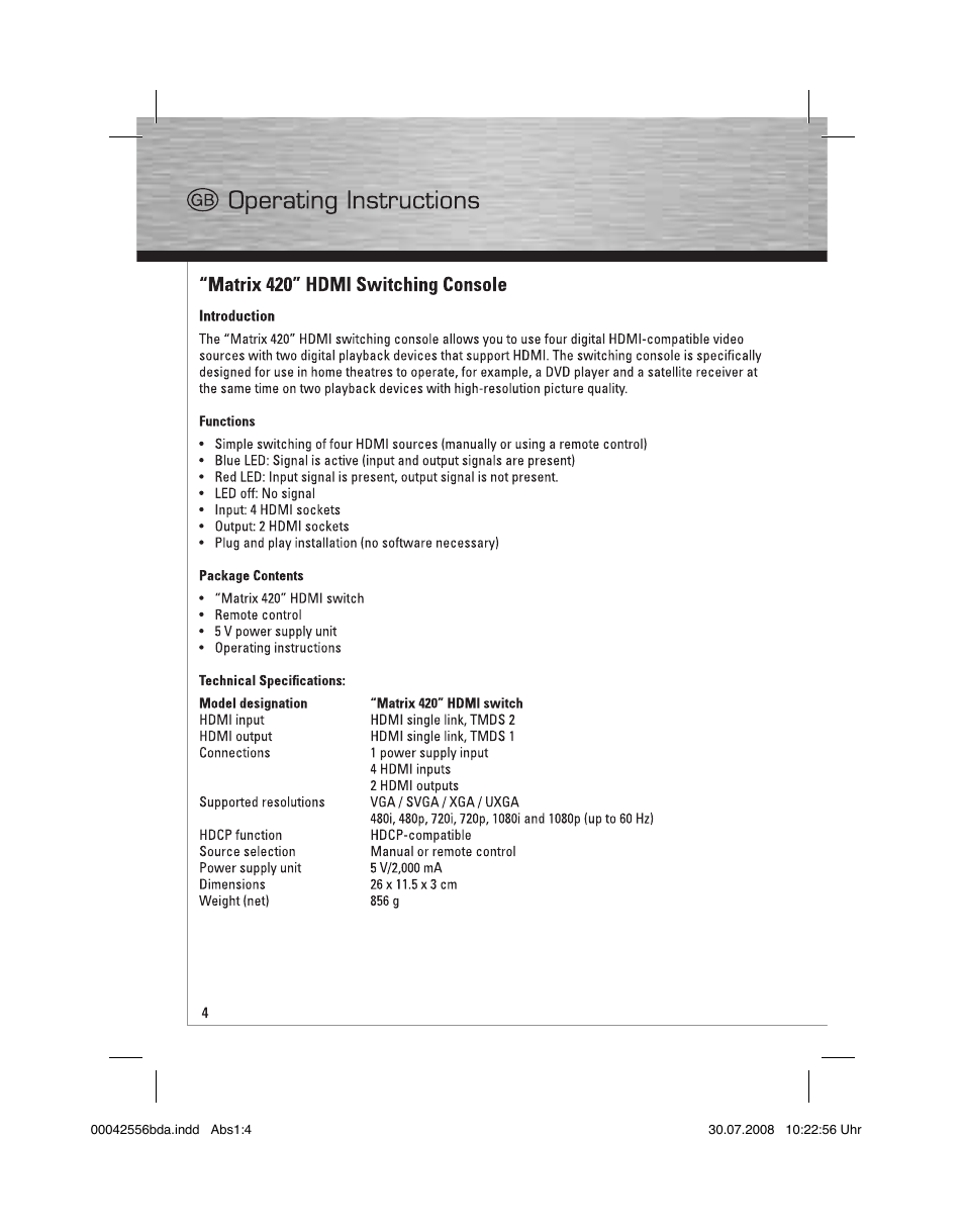 Hama HDMI Matrix Switcher 4x2 User Manual | Page 5 / 36