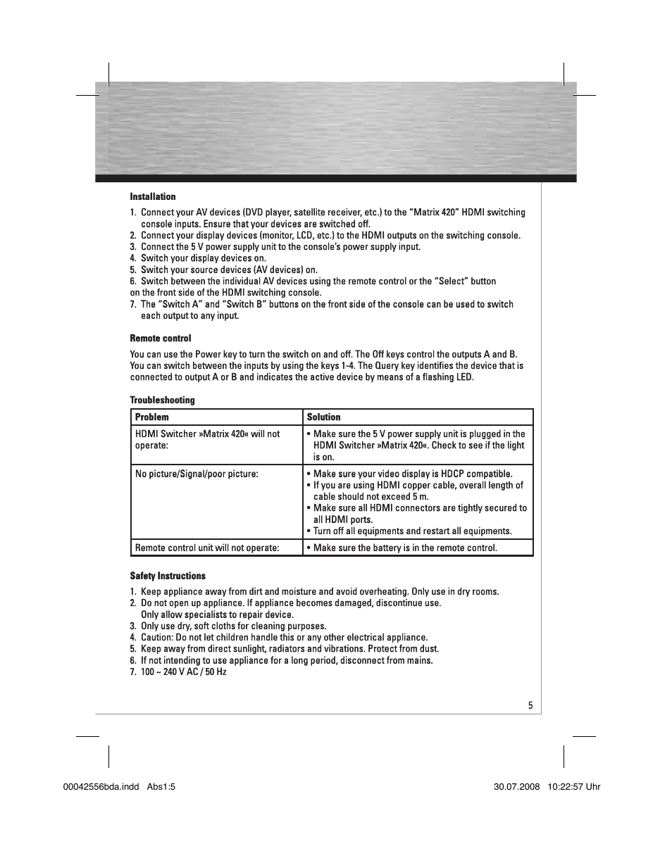 Hama HDMI Matrix Switcher 4x2 User Manual | Page 6 / 36