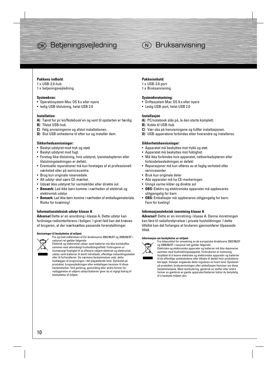 Jbetjeningsvejledning n bruksanvisning | Hama USB 2.0 Hub 1:3 User Manual | Page 13 / 14