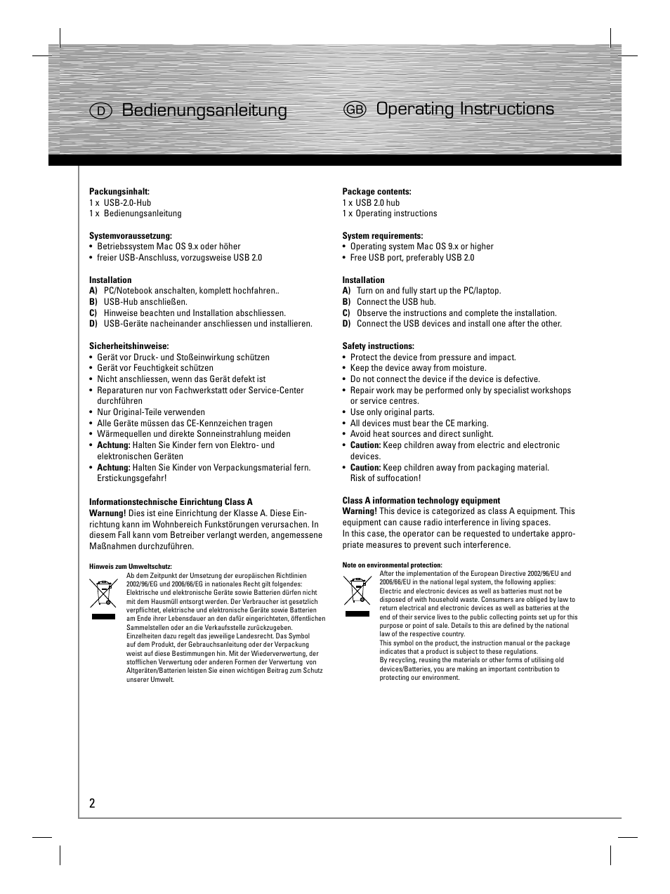 D bedienungsanleitung g operating instructions | Hama USB 2.0 Hub 1:3 User Manual | Page 5 / 14