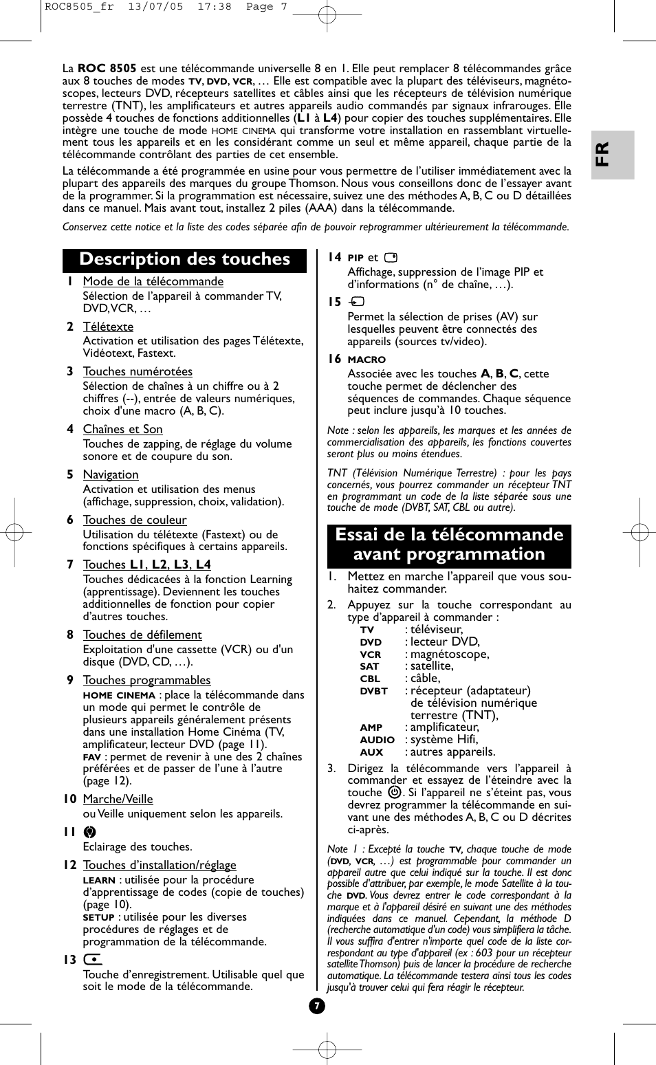 Description des touches, Essai de la télécommande avant programmation | Hama ROC8505 User Manual | Page 12 / 102
