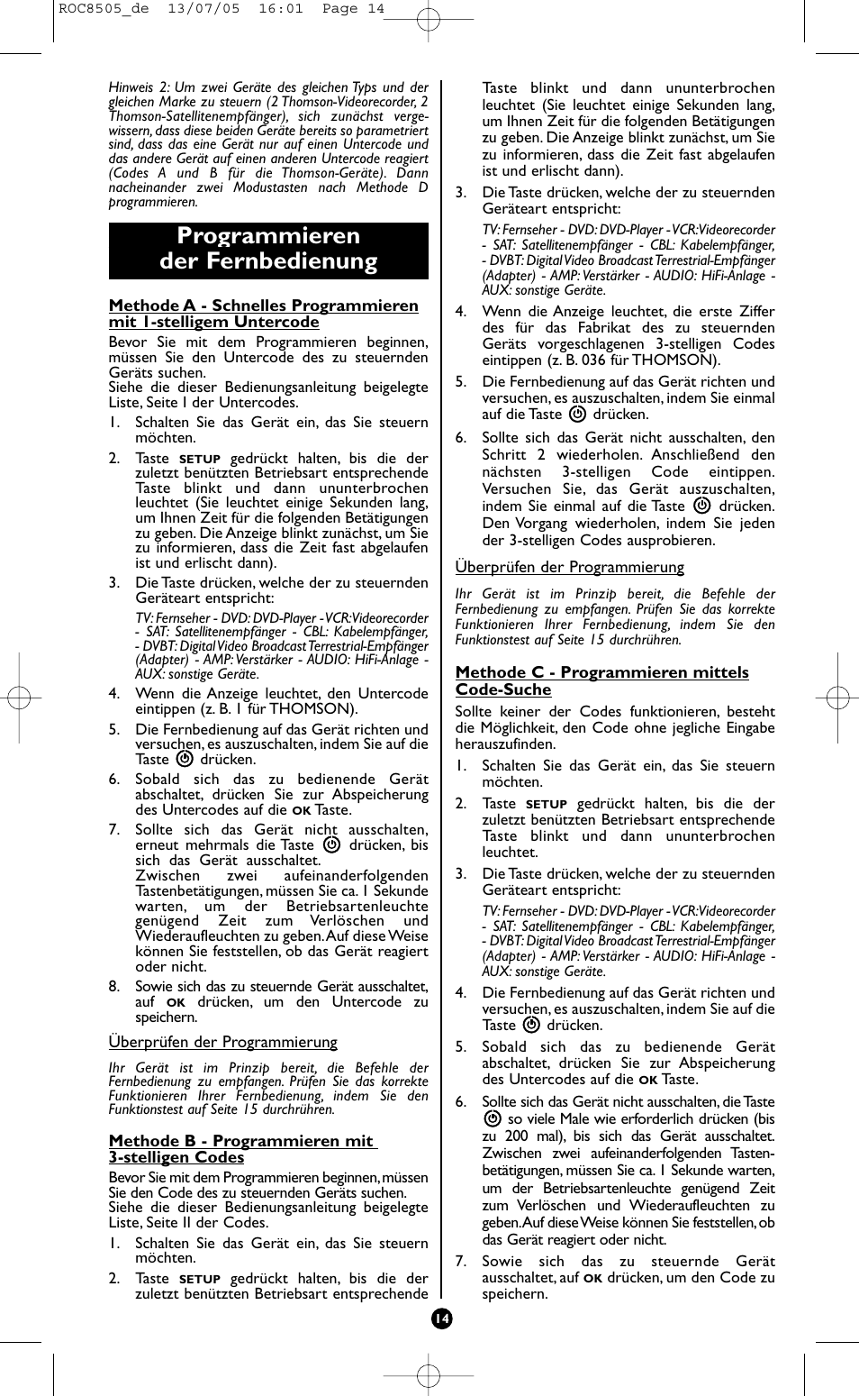 Programmieren der fernbedienung | Hama ROC8505 User Manual | Page 19 / 102