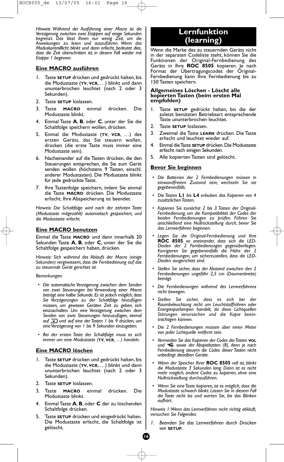 Lernfunktion (learning) | Hama ROC8505 User Manual | Page 21 / 102