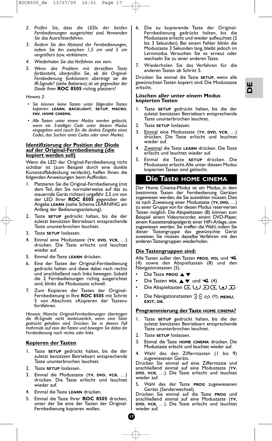 Die taste, Home cinema | Hama ROC8505 User Manual | Page 22 / 102