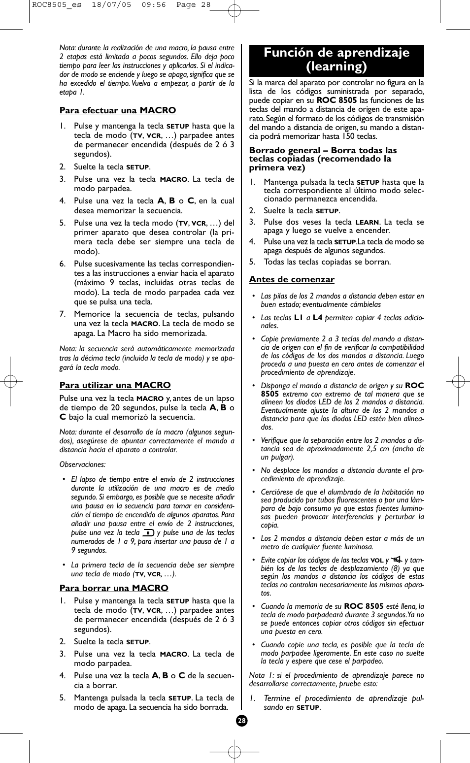 Función de aprendizaje (learning) | Hama ROC8505 User Manual | Page 33 / 102