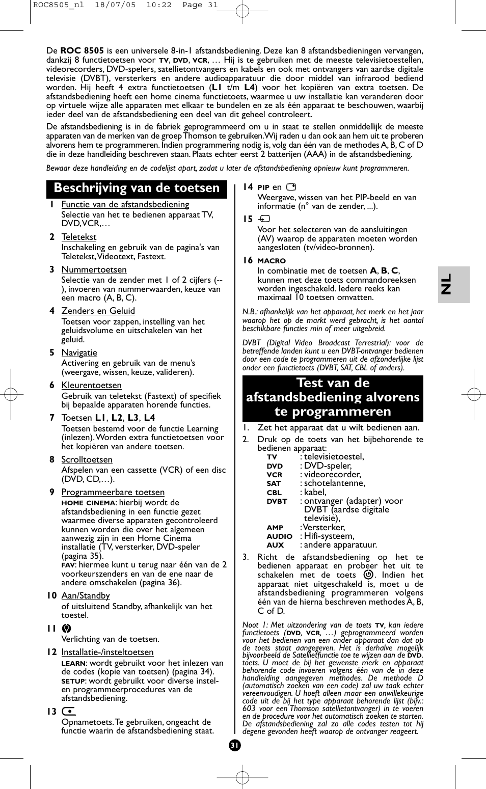 Beschrijving van de toetsen | Hama ROC8505 User Manual | Page 36 / 102