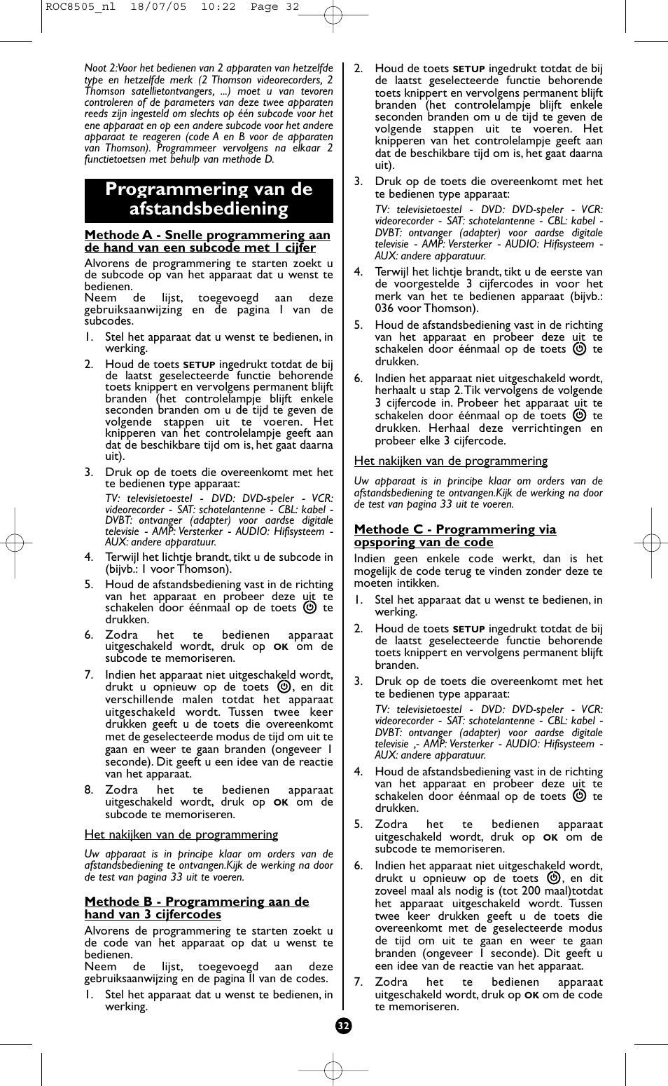 Programmering van de afstandsbediening | Hama ROC8505 User Manual | Page 37 / 102