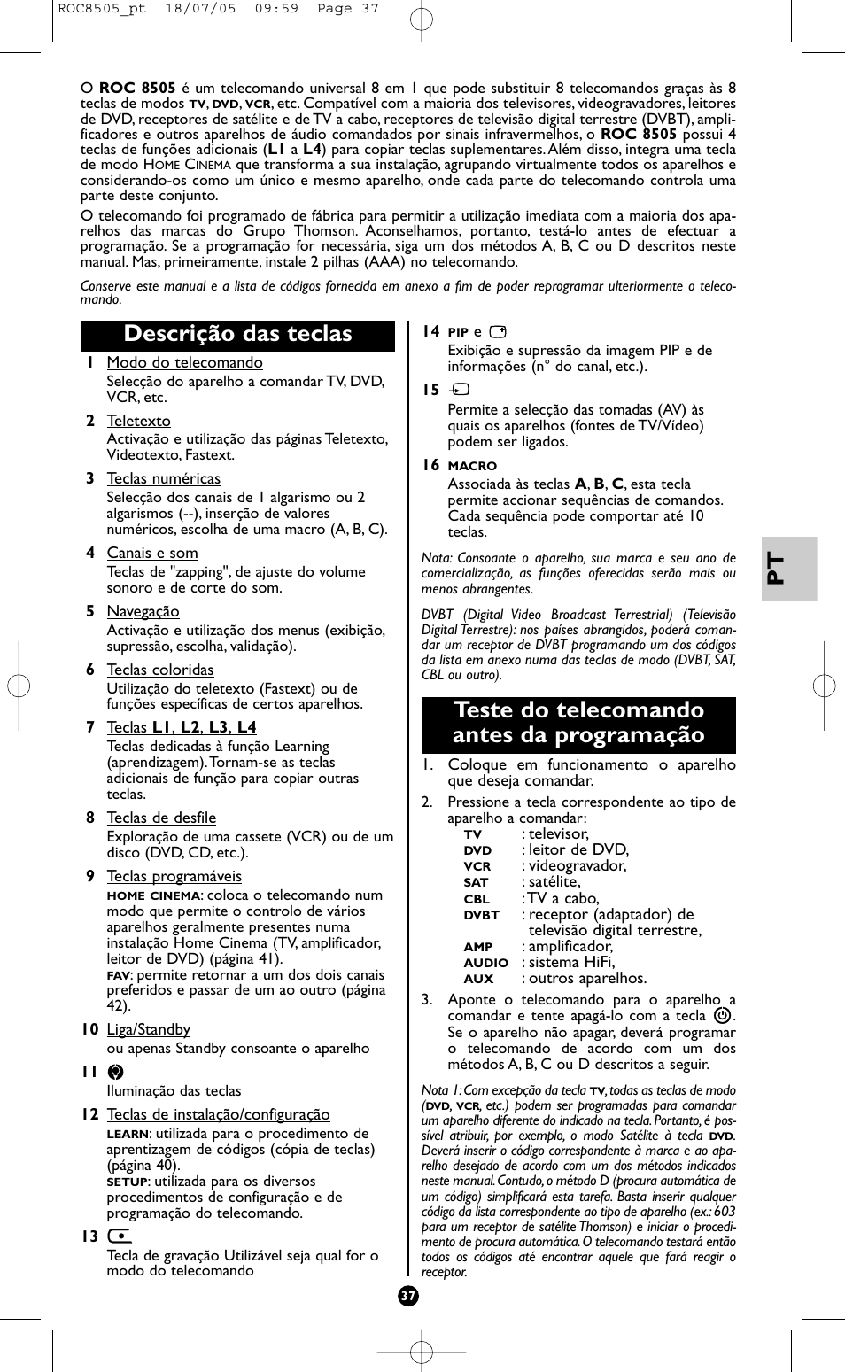 Descrição das teclas, Teste do telecomando antes da programação | Hama ROC8505 User Manual | Page 42 / 102