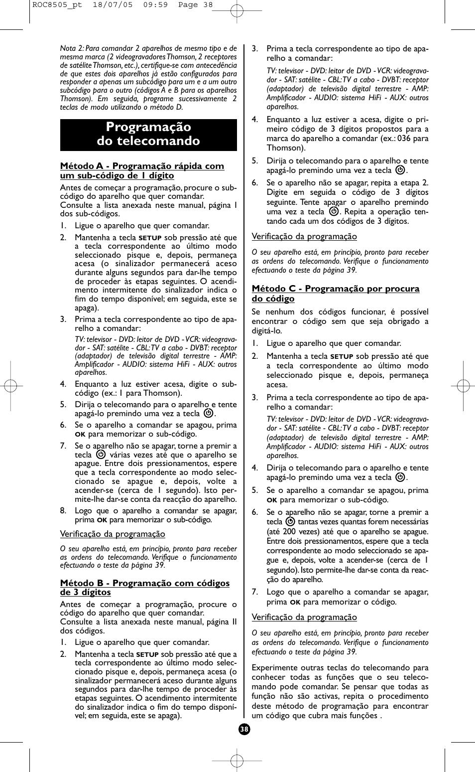 Programação do telecomando | Hama ROC8505 User Manual | Page 43 / 102