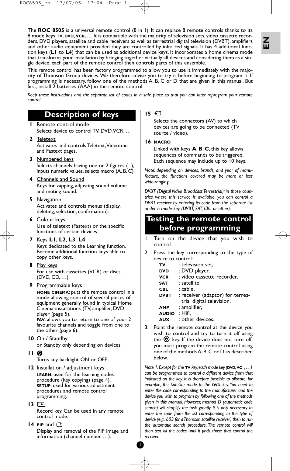 Description of keys, Testing the remote control before programming | Hama ROC8505 User Manual | Page 6 / 102