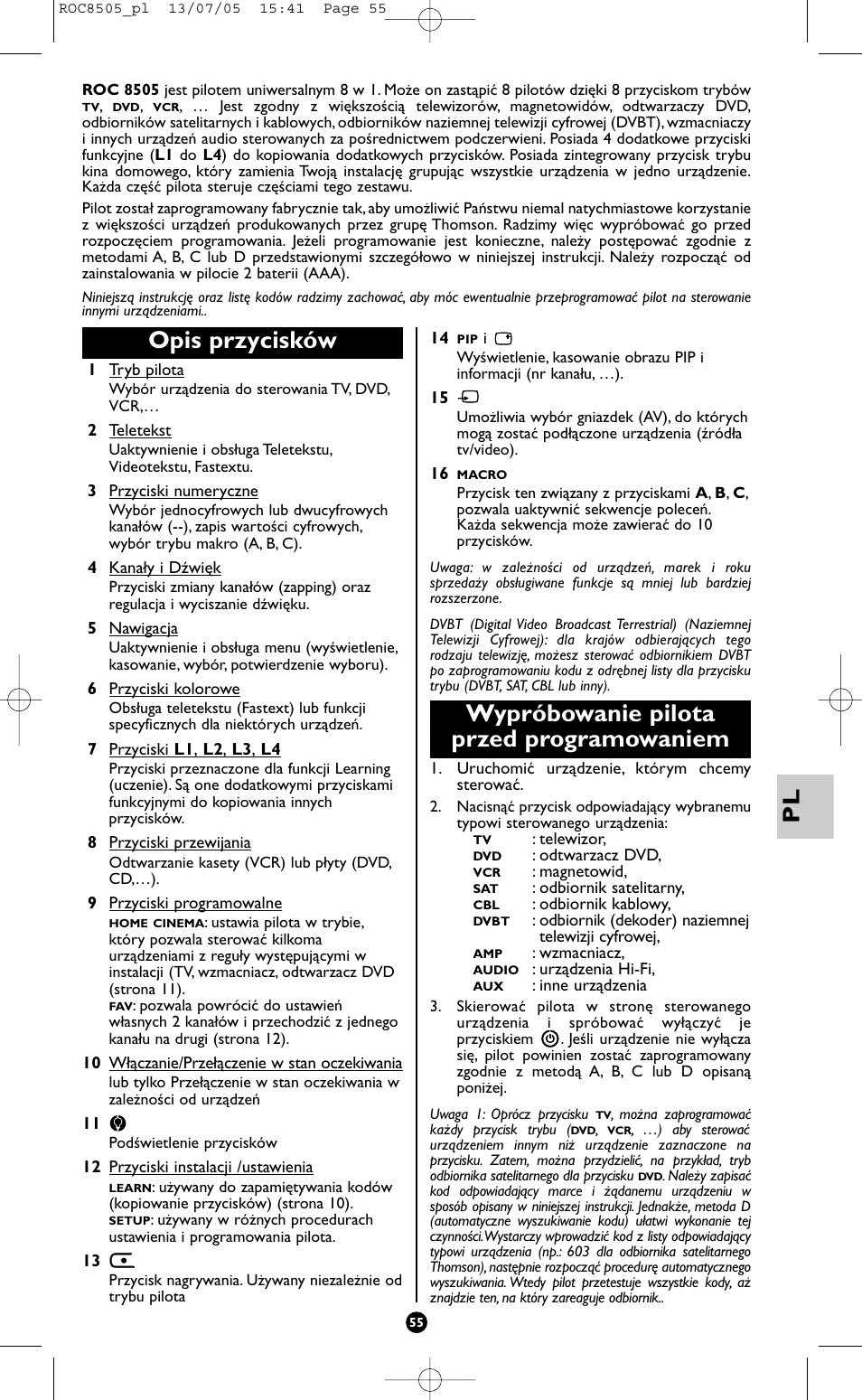 Opis przycisków, Wypróbowanie pilota przed programowaniem | Hama ROC8505 User Manual | Page 60 / 102