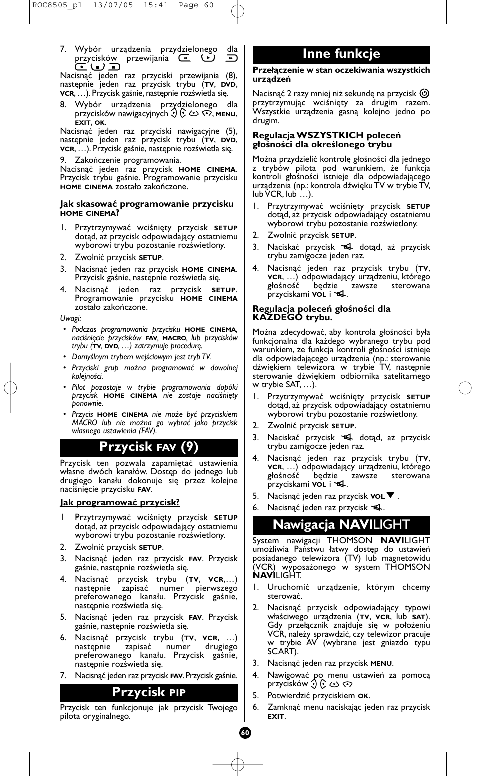 Przycisk, Inne funkcje, Nawigacja navi light | Hama ROC8505 User Manual | Page 65 / 102