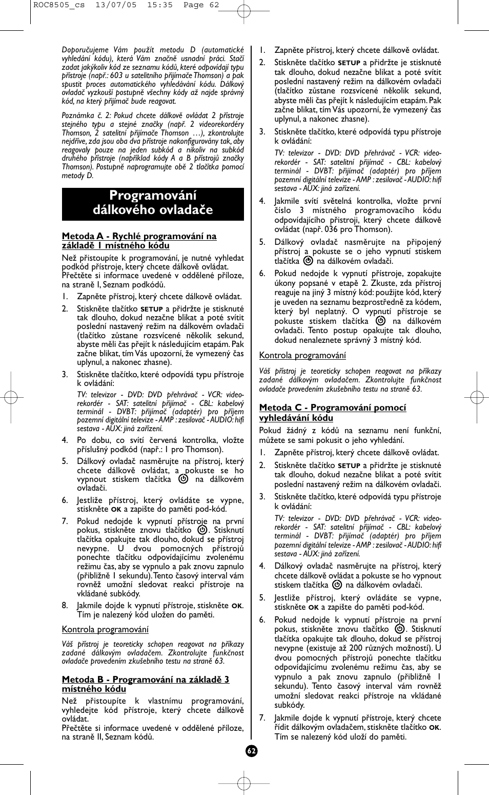 Programování dálkového ovladače | Hama ROC8505 User Manual | Page 67 / 102
