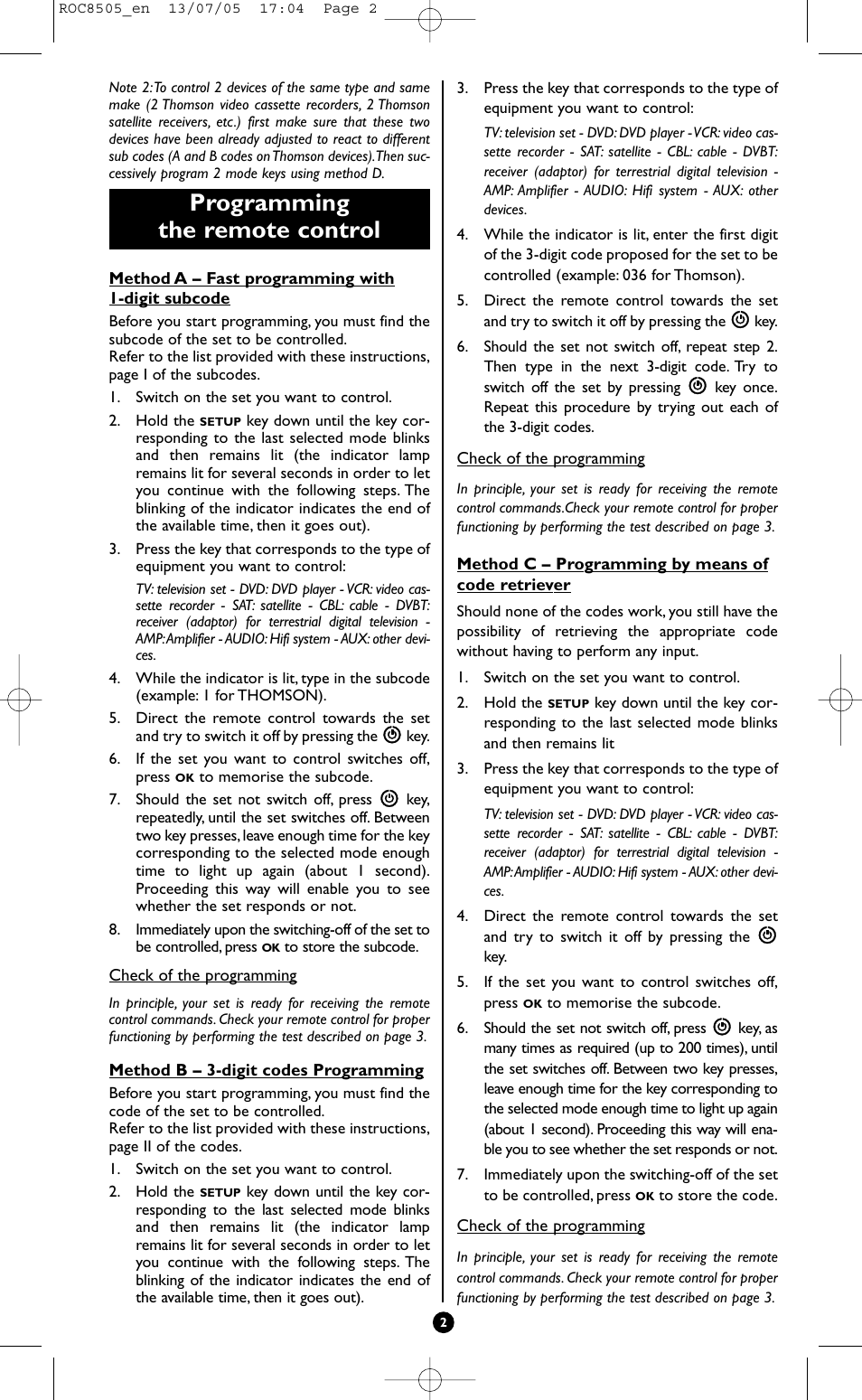 Programming the remote control | Hama ROC8505 User Manual | Page 7 / 102