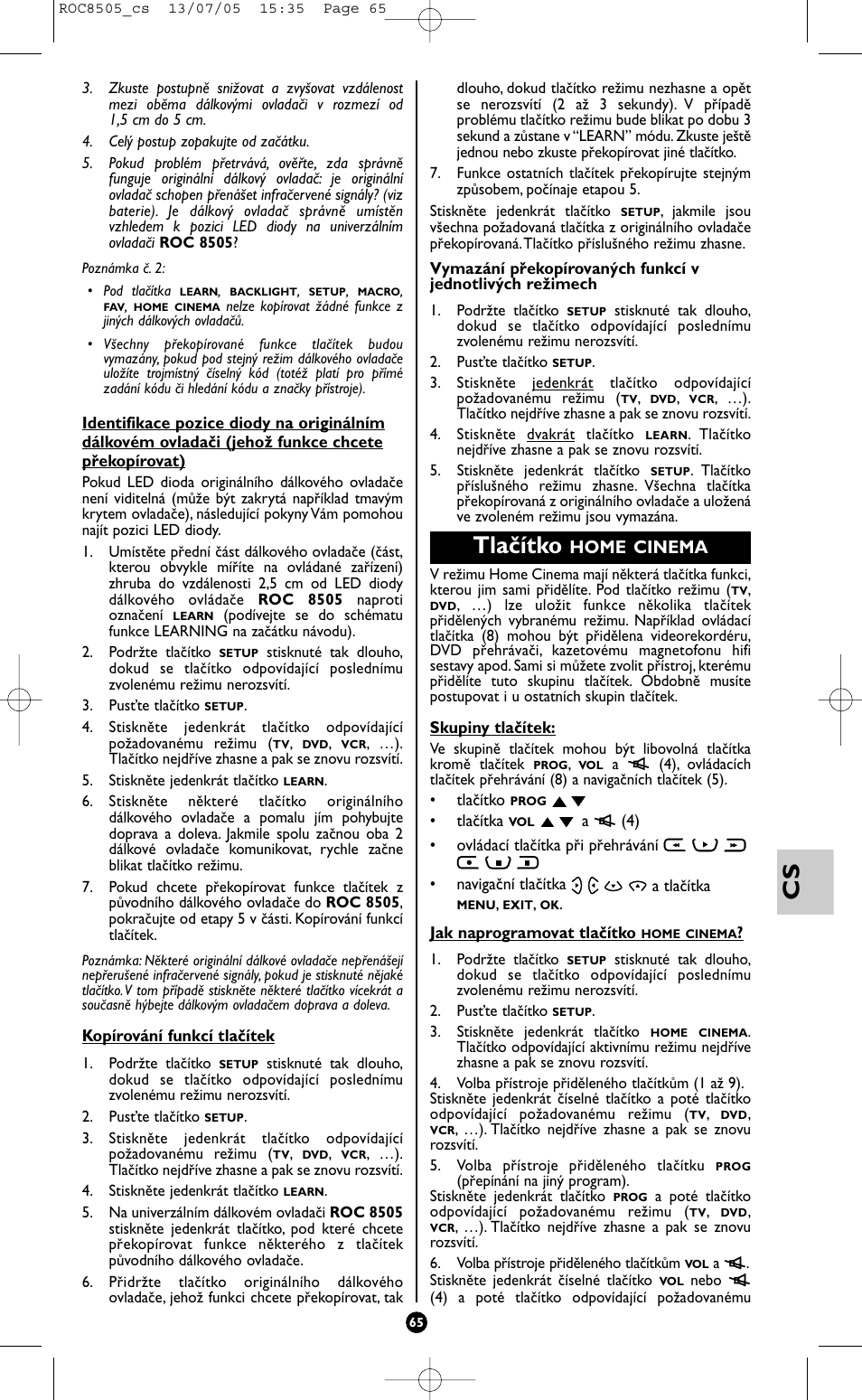 Tlačítko, Home cinema | Hama ROC8505 User Manual | Page 70 / 102