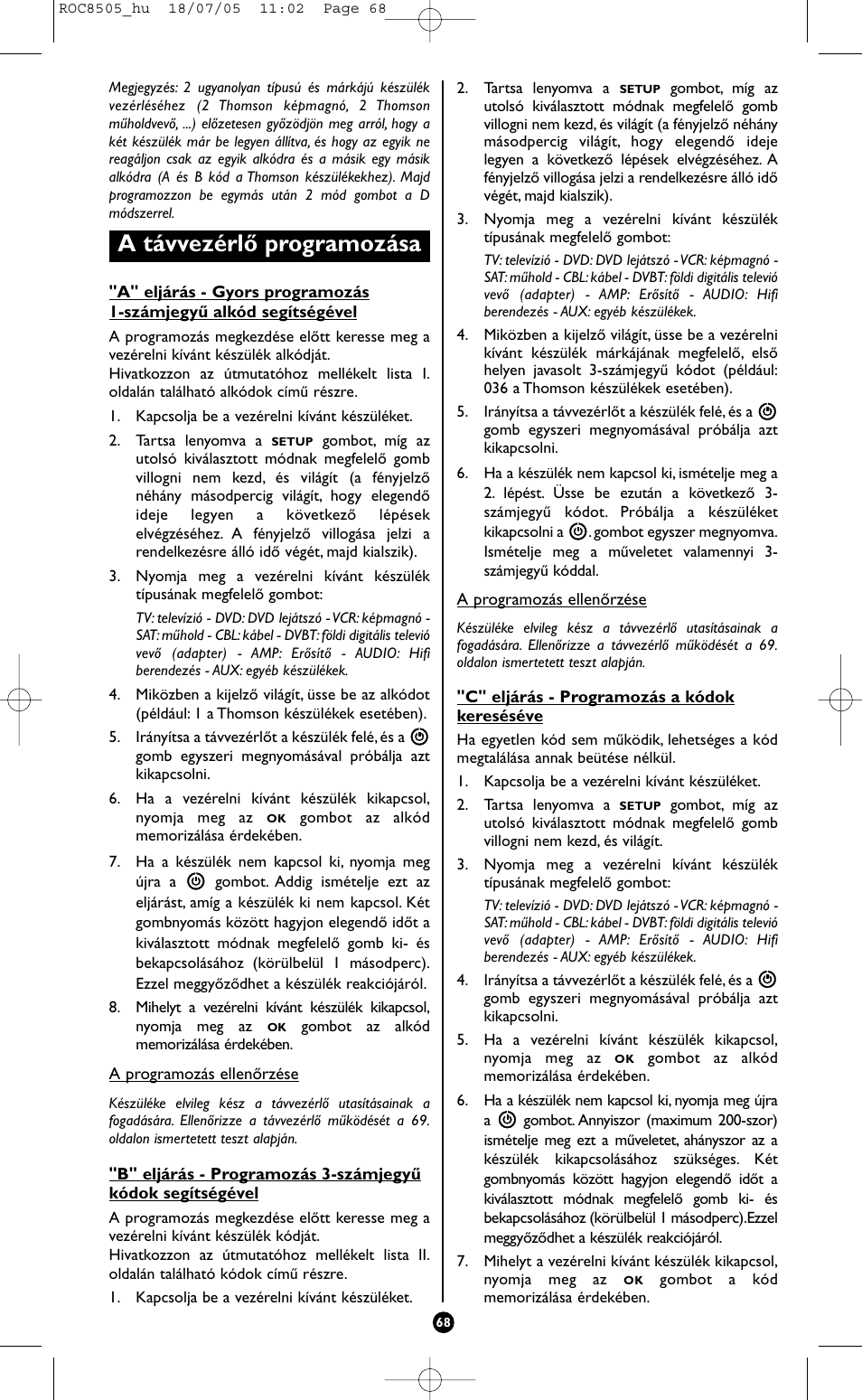 A távvezérlő programozása | Hama ROC8505 User Manual | Page 73 / 102