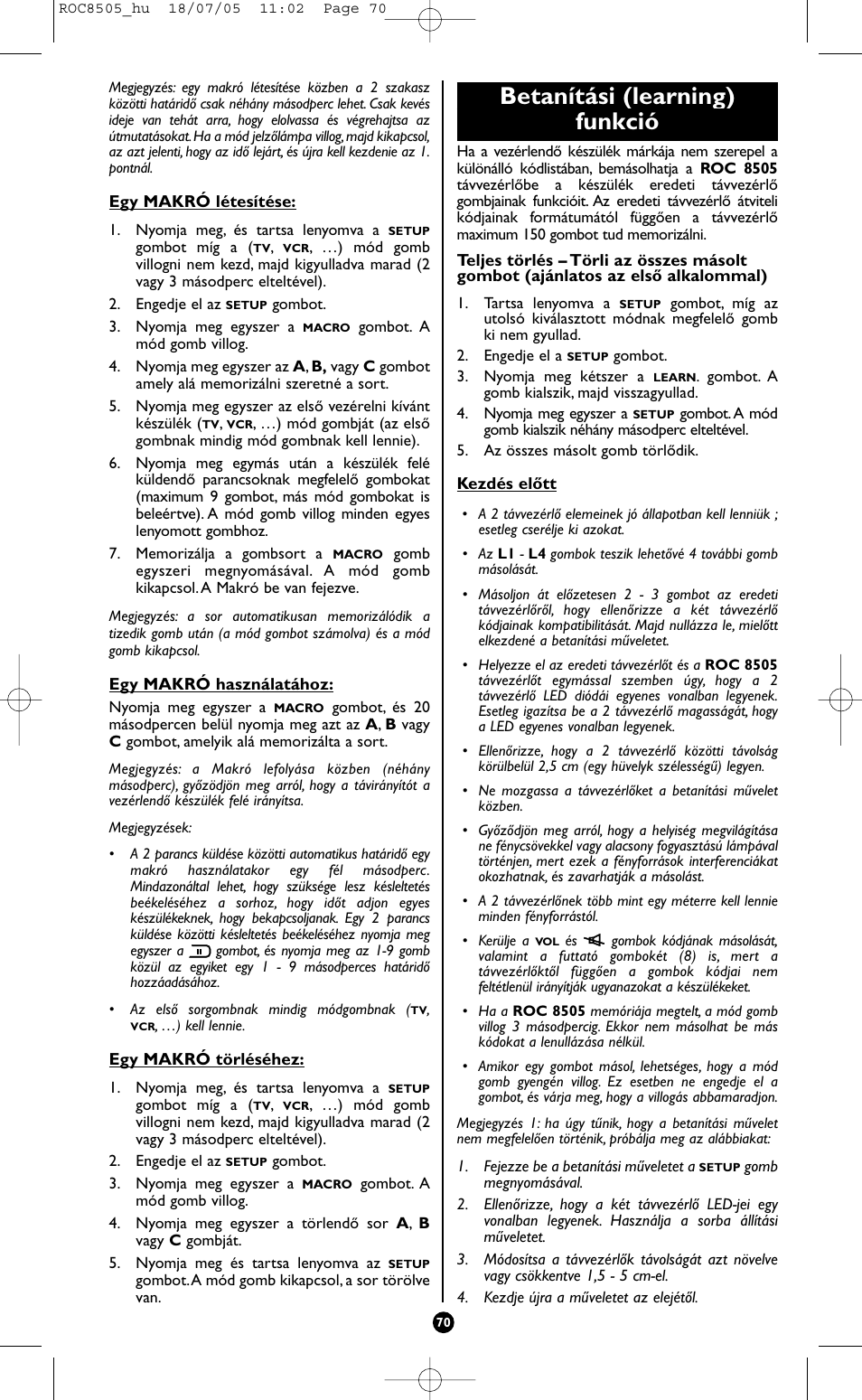 Betanítási (learning) funkció | Hama ROC8505 User Manual | Page 75 / 102