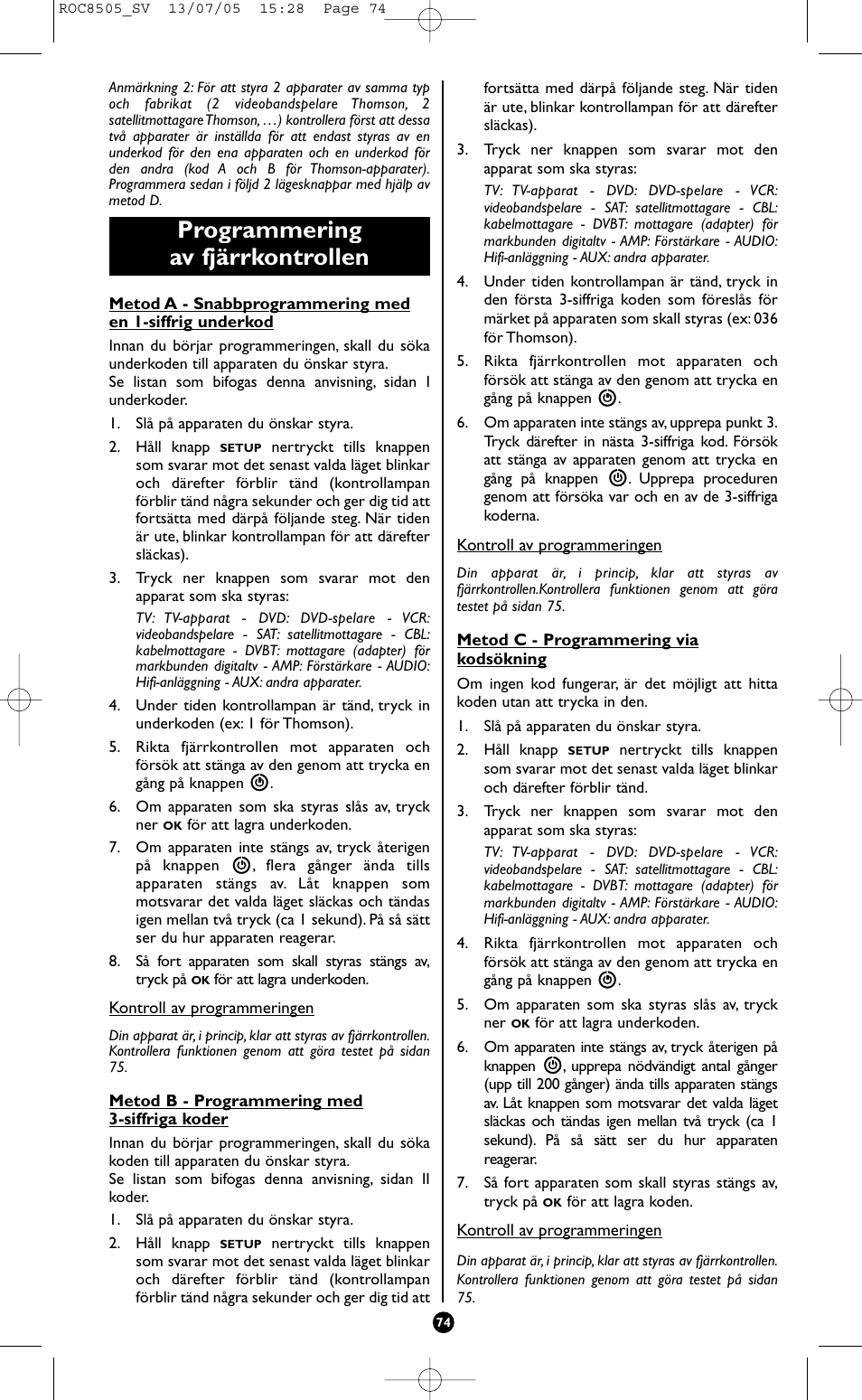 Programmering av fjärrkontrollen | Hama ROC8505 User Manual | Page 79 / 102