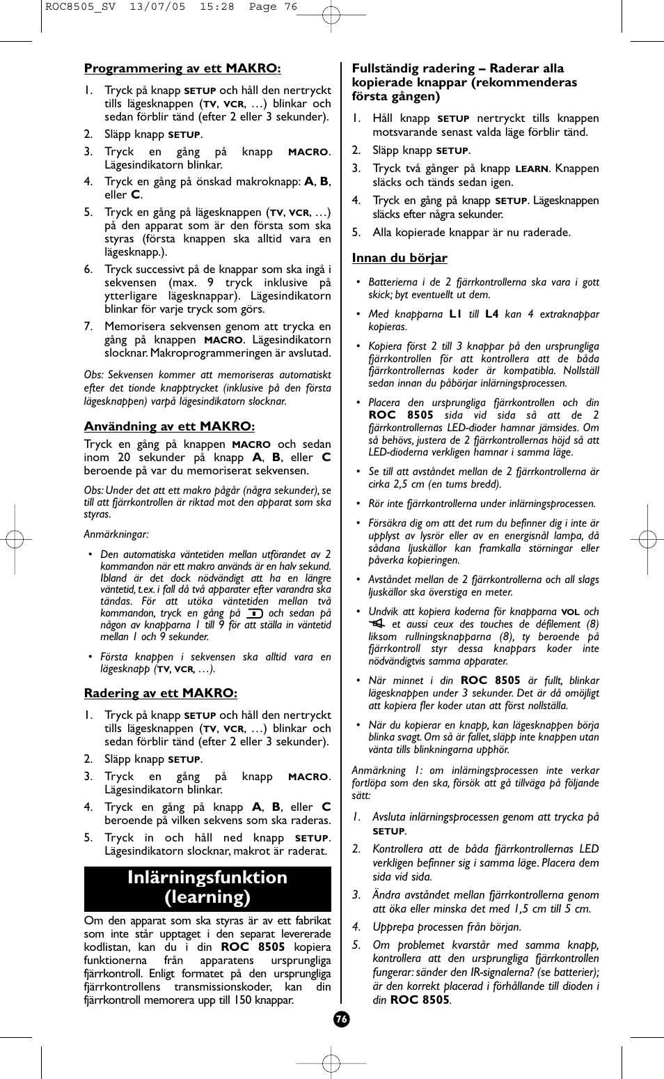 Inlärningsfunktion (learning) | Hama ROC8505 User Manual | Page 81 / 102