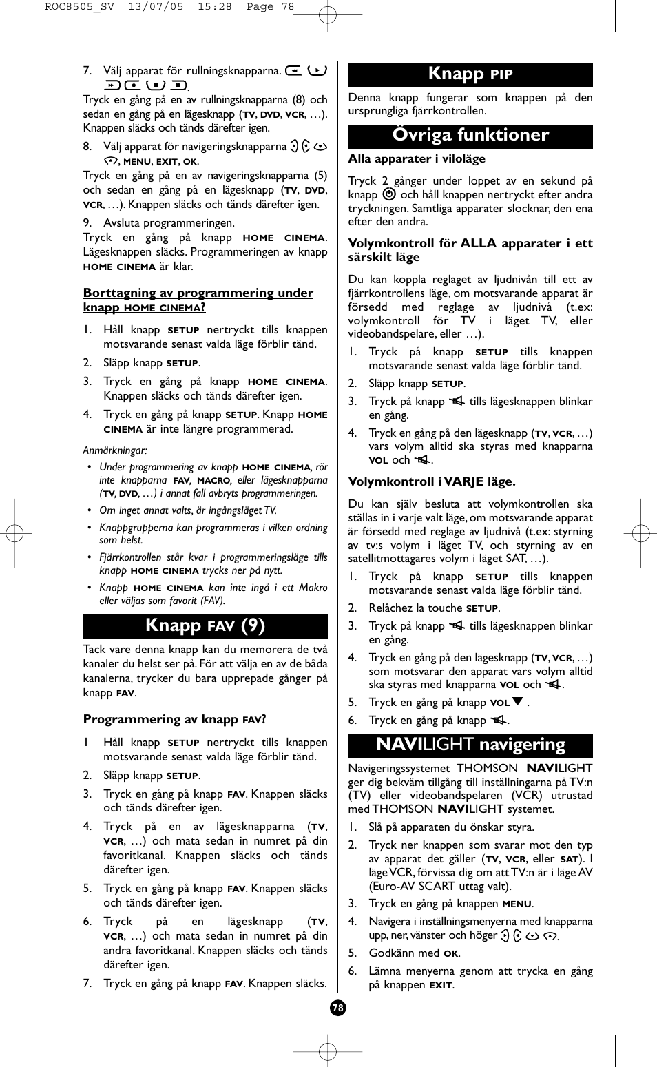 Knapp, Övriga funktioner, Navi light navigering | Hama ROC8505 User Manual | Page 83 / 102