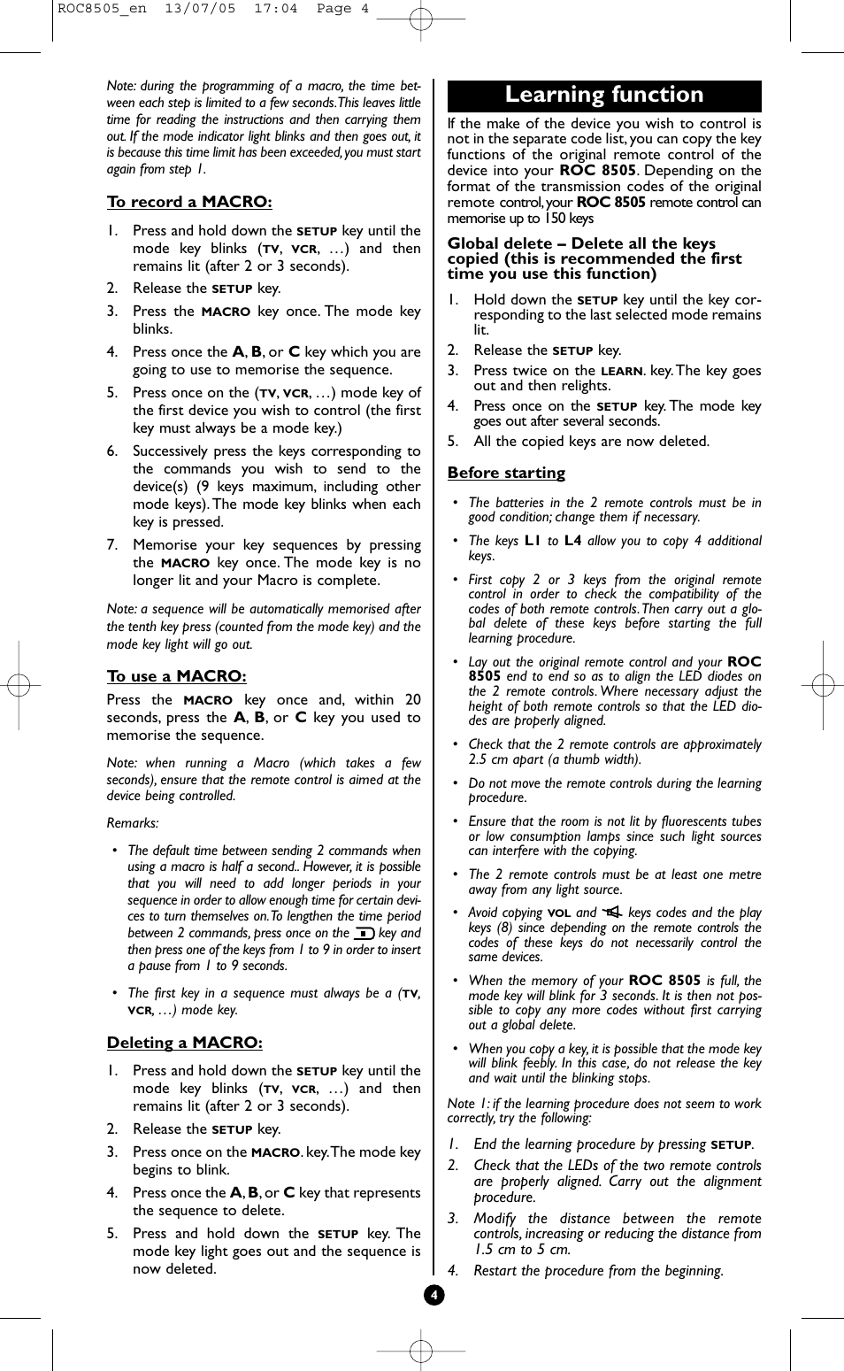 Learning function | Hama ROC8505 User Manual | Page 9 / 102