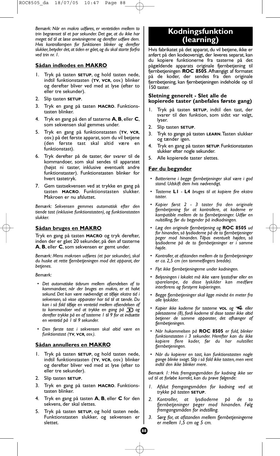 Kodningsfunktion (learning) | Hama ROC8505 User Manual | Page 93 / 102