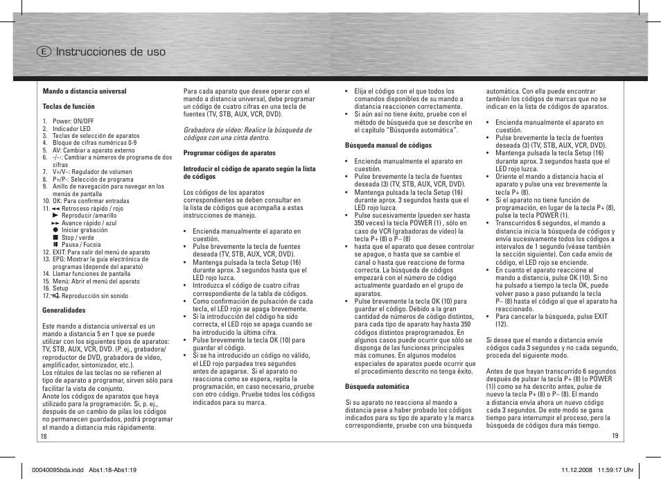 E instrucciones de uso | Hama Remote Control Universal 5in1 User Manual | Page 10 / 24
