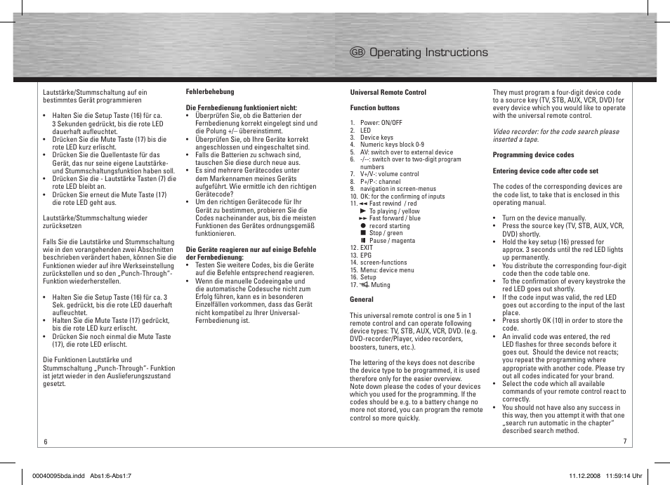 G operating instructions | Hama Remote Control Universal 5in1 User Manual | Page 4 / 24