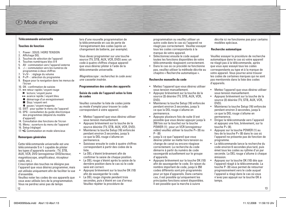 F mode d‘emploi | Hama Remote Control Universal 5in1 User Manual | Page 7 / 24