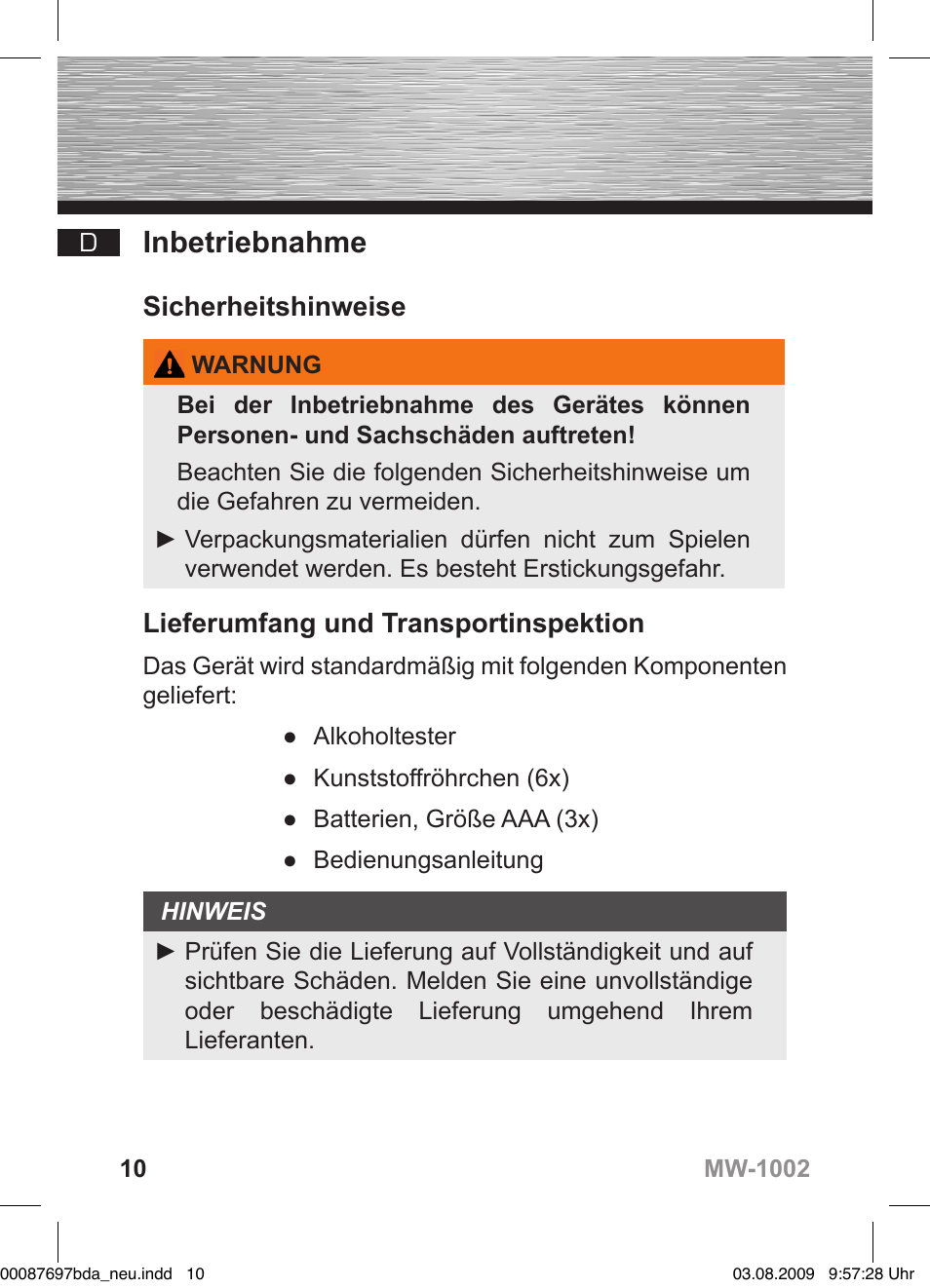 Inbetriebnahme, Sicherheitshinweise, Lieferumfang und transportinspektion | Hama MW1002 User Manual | Page 10 / 156