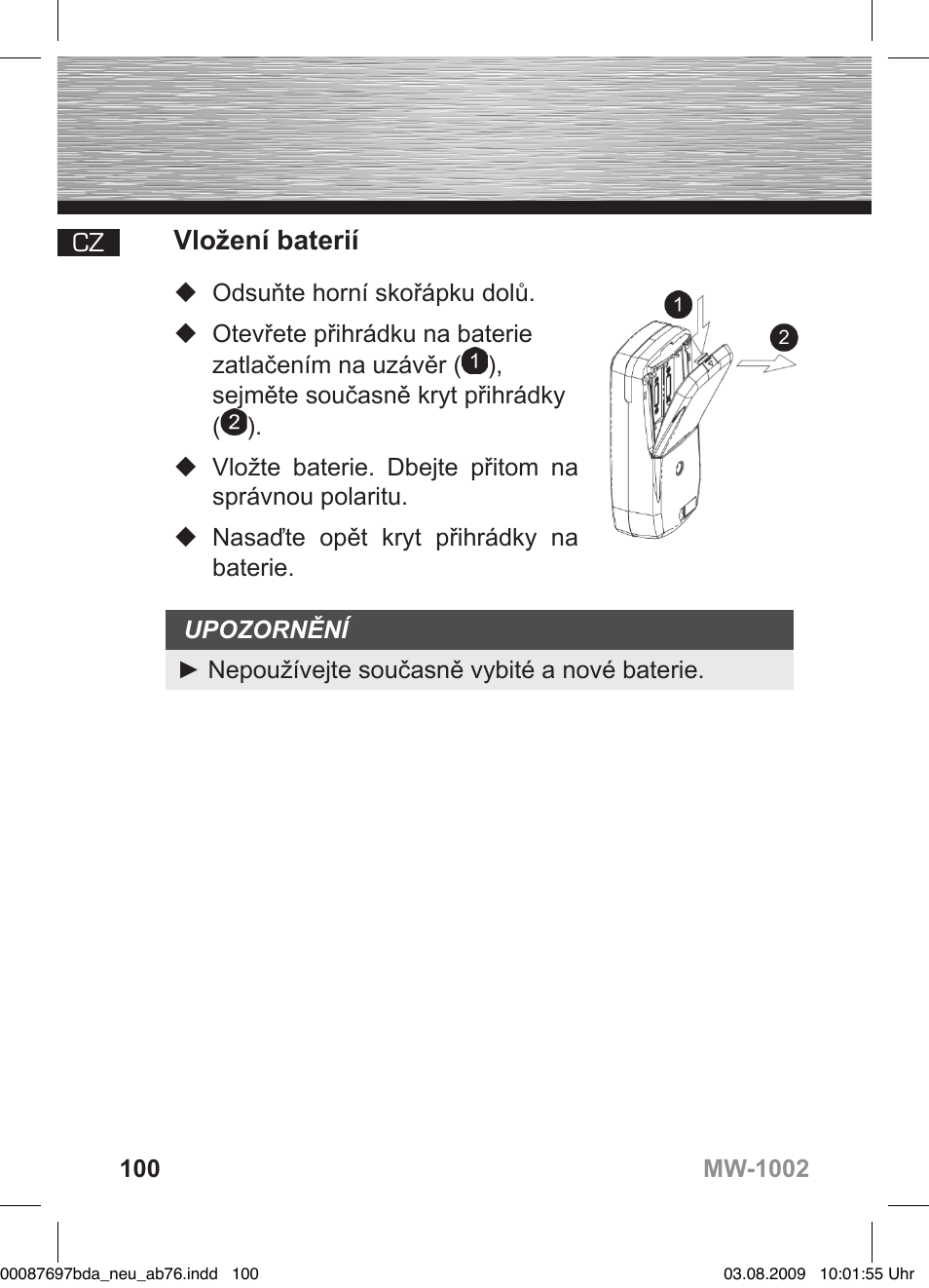 D bedienungsanleitung, Vložení baterií | Hama MW1002 User Manual | Page 100 / 156