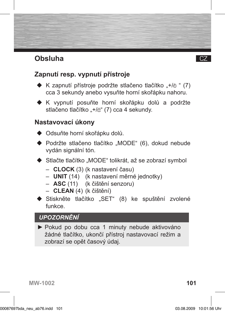 Obsluha, Zapnutí resp. vypnutí přístroje, Nastavovací úkony | Hama MW1002 User Manual | Page 101 / 156