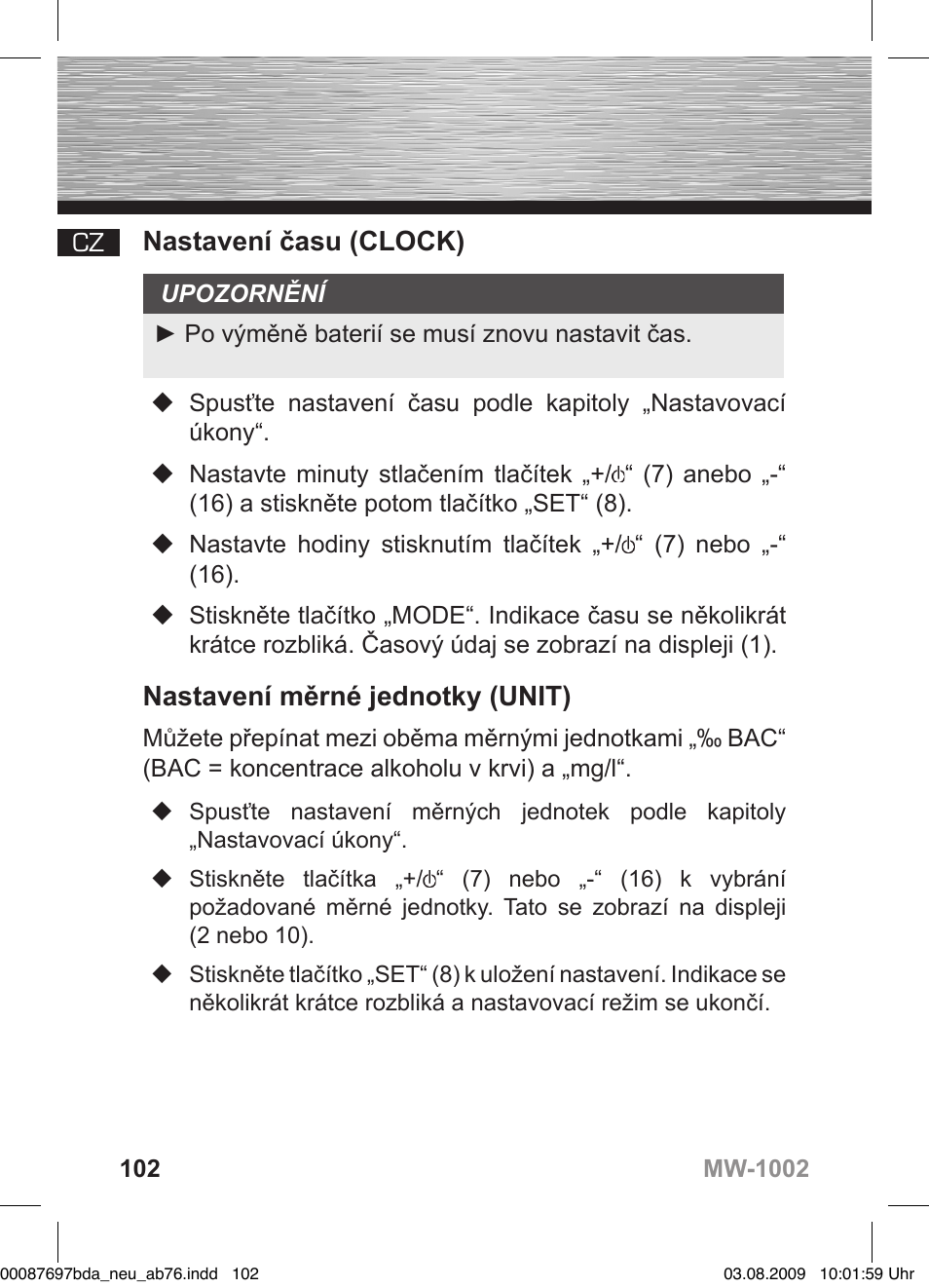 D bedienungsanleitung, Nastavení času (clock), Nastavení měrné jednotky (unit) | Hama MW1002 User Manual | Page 102 / 156